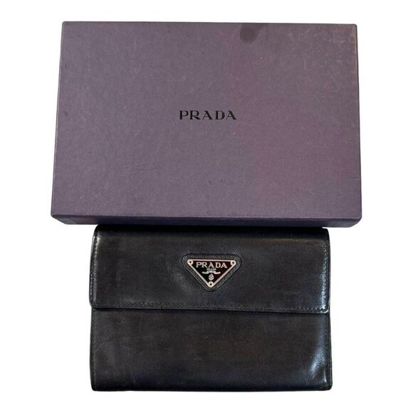 Prada Black Leather Tri-Fold Wallet With Box & Card Holder Gift Made In Italy - Picture 2 of 8